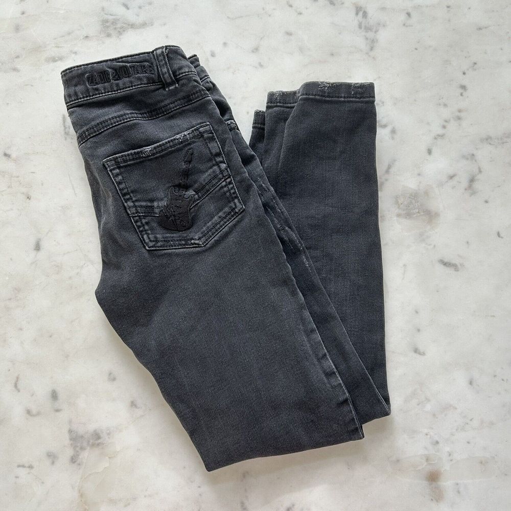 Zadig & Voltaire Girl's Faded Black Jeans Size 10 138 Embroidered Guitar Skull